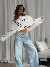 Bows Printed White Knitted Loose Pullover Fashion O Neck Long Sleeve Oversized Sweater